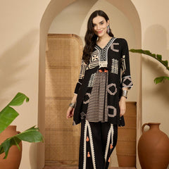 Black Printed A-Line Tunic With Palazzo & Bags Co-Ords Set