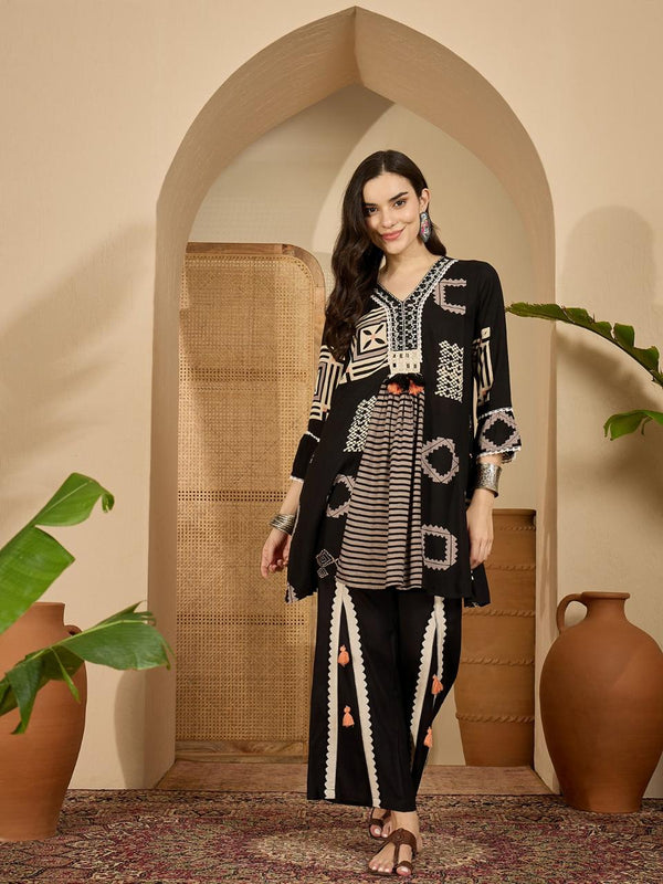 Black Printed A-Line Tunic With Palazzo & Bags Co-Ords Set