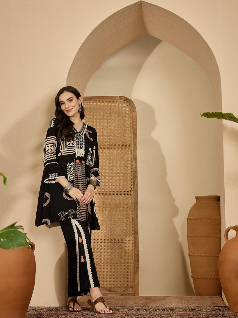 Black Printed A-Line Tunic With Palazzo & Bags Co-Ords Set