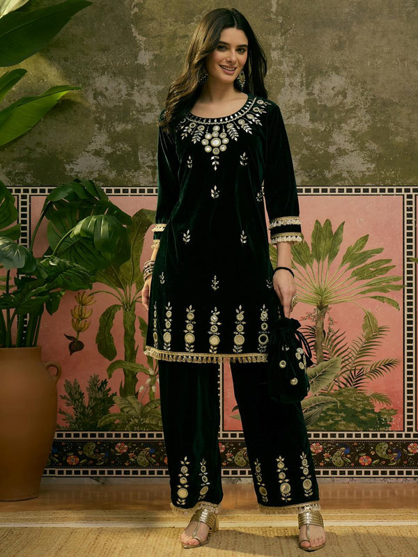 Green Embroidered Velvet  Tunic & Trousers Co-Ords