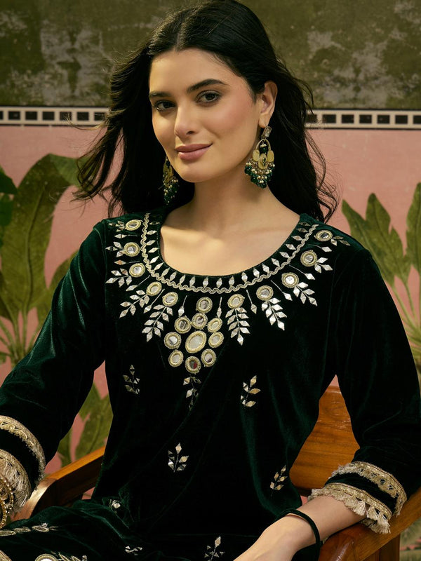 Green Embroidered Velvet  Tunic & Trousers Co-Ords