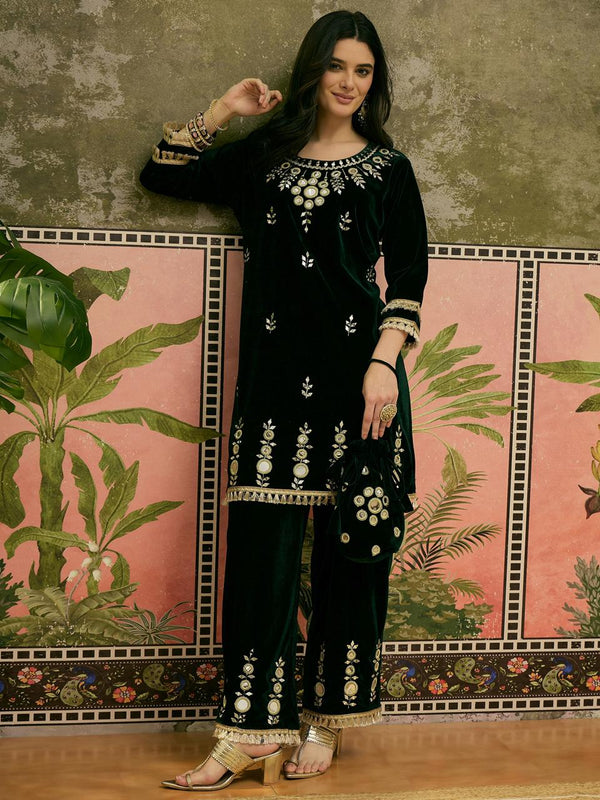 Green Embroidered Velvet  Tunic & Trousers Co-Ords