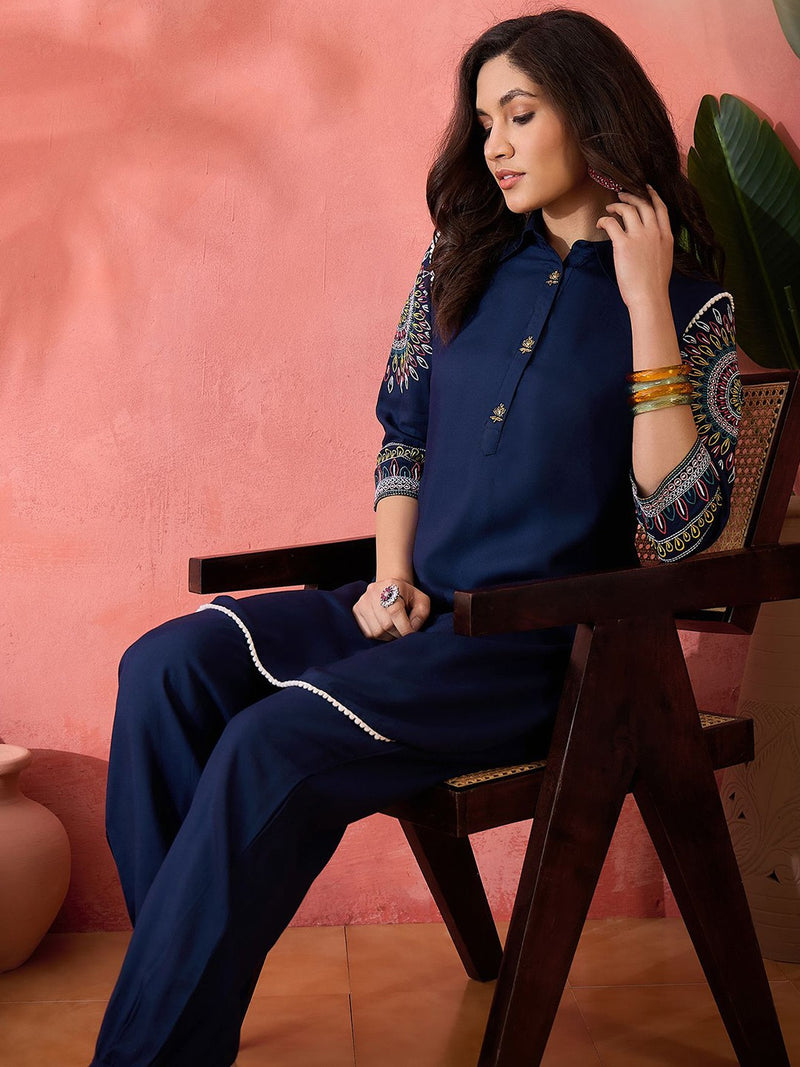 Navy Blue Ethnic Motifs Embroidered Shirt Collar Pathani Kurta With Trouser