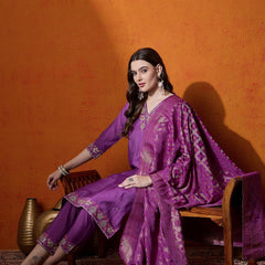 Purple Floral Embroidered V-Neck Straight Kurta With Trouser And Dupatta