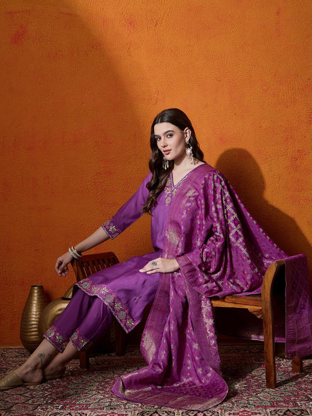 Purple Floral Embroidered V-Neck Straight Kurta With Trouser And Dupatta