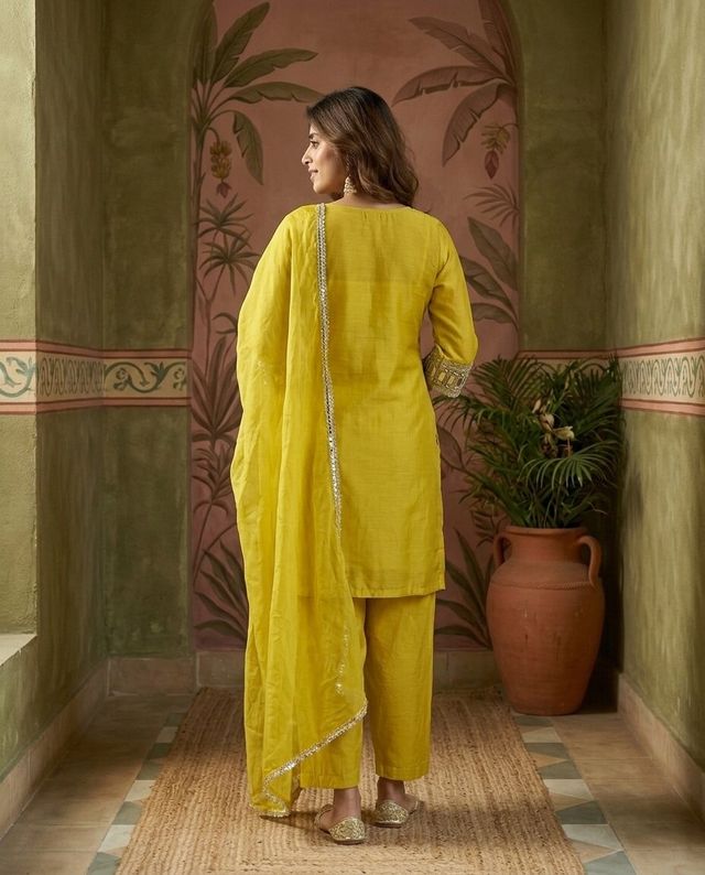 Mustard Ethnic Motif Embroidered Kurta With Top & Trouser & Dupatta