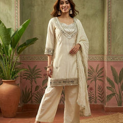 Pink Ethnic Motif Embroidered Kurta With Top & Trouser & Dupatta