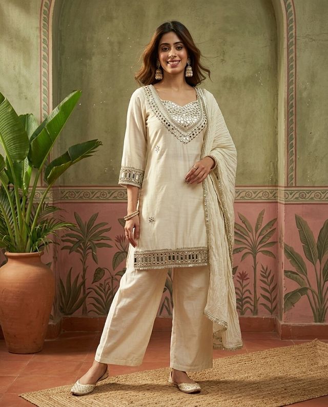 Off White Ethnic Motif Embroidered Kurta With Top & Trouser & Dupatta