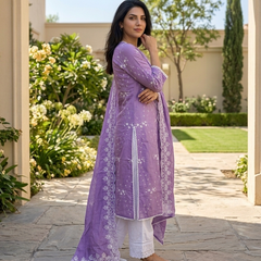 Purple Embroidered Pure Cotton Straight Kurta With Trouser & Dupatta