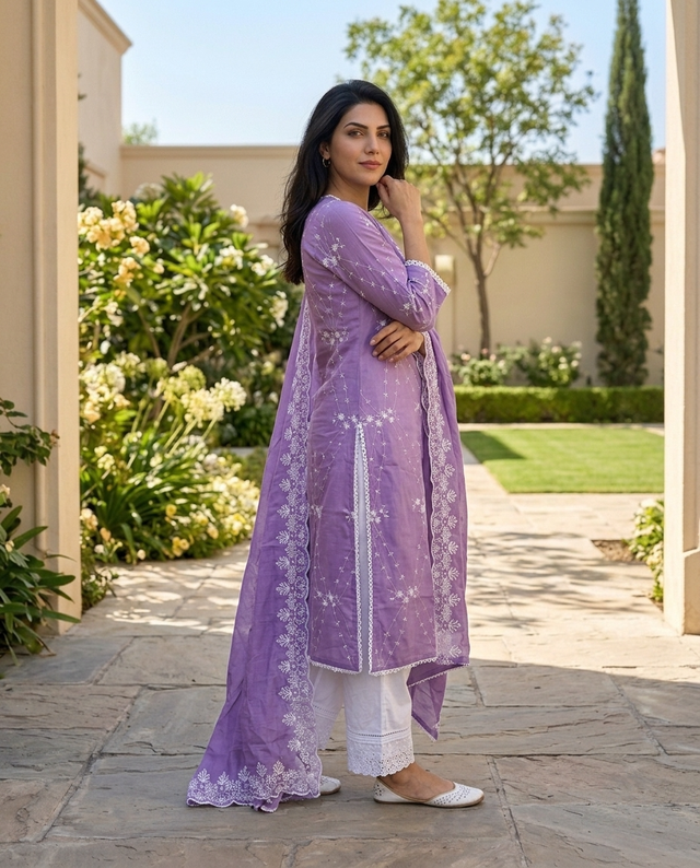 Purple Embroidered Pure Cotton Straight Kurta With Trouser & Dupatta
