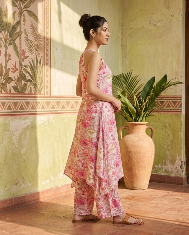 Floral Print Sleeveless Straight Kurta With Trousers