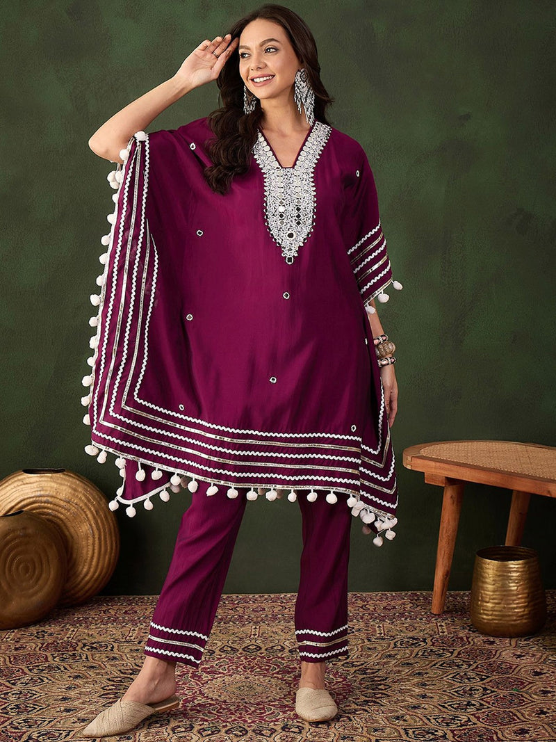 Purple Geometric Embroidered Mirror Work Roman Silk Kurta With Trouser