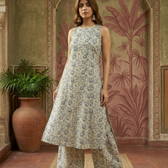 Pink Floral Printed Sleeveless A-Line Kurta With Palazzo Kurta Set