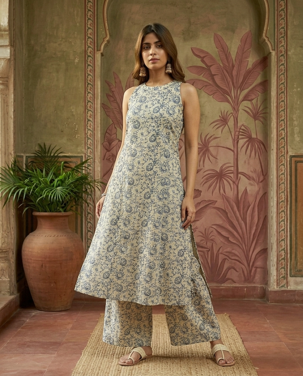 Pink Floral Printed Sleeveless A-Line Kurta With Palazzo Kurta Set