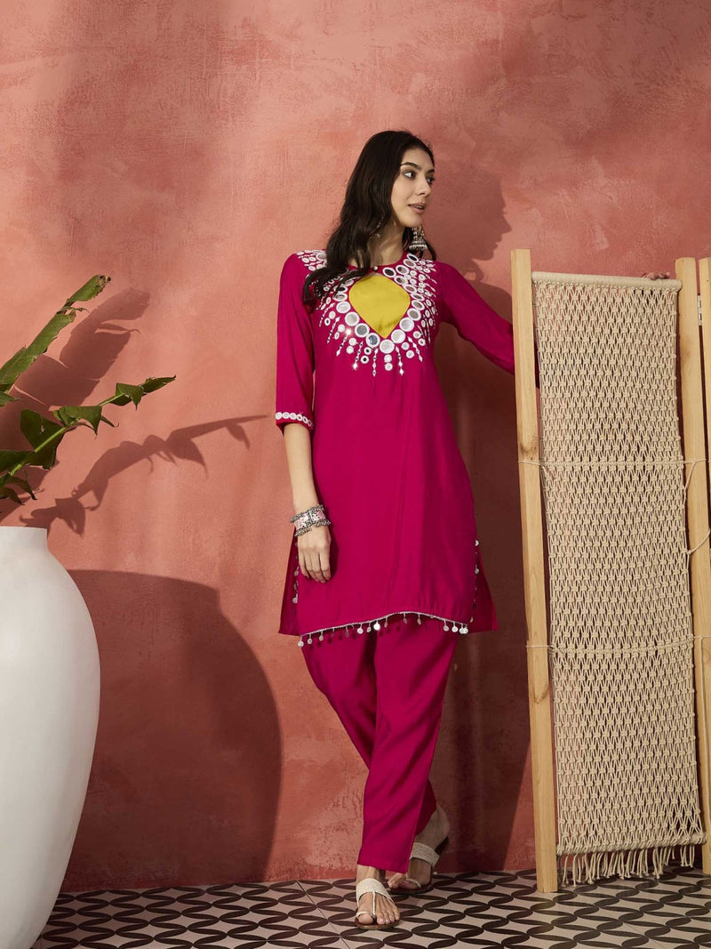 Red And White Mirror Work Round Neck Tunic With Trousers