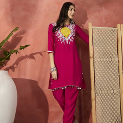 Red And White Mirror Work Round Neck Tunic With Trousers