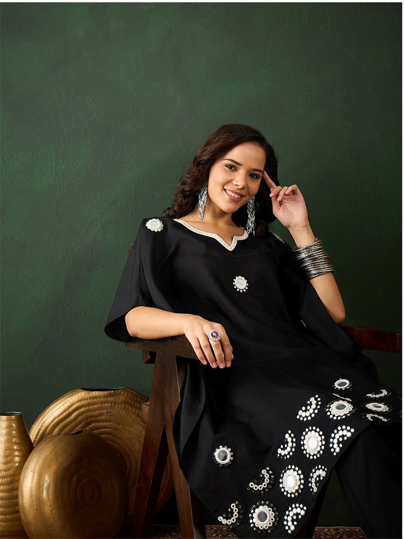 Geometric Embroidered & Mirror Work Kaftan Kurta With Trouser