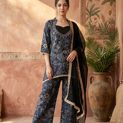 Floral Print & Embroidered  Straight Kurta With Top & Trousers & Dupatta
