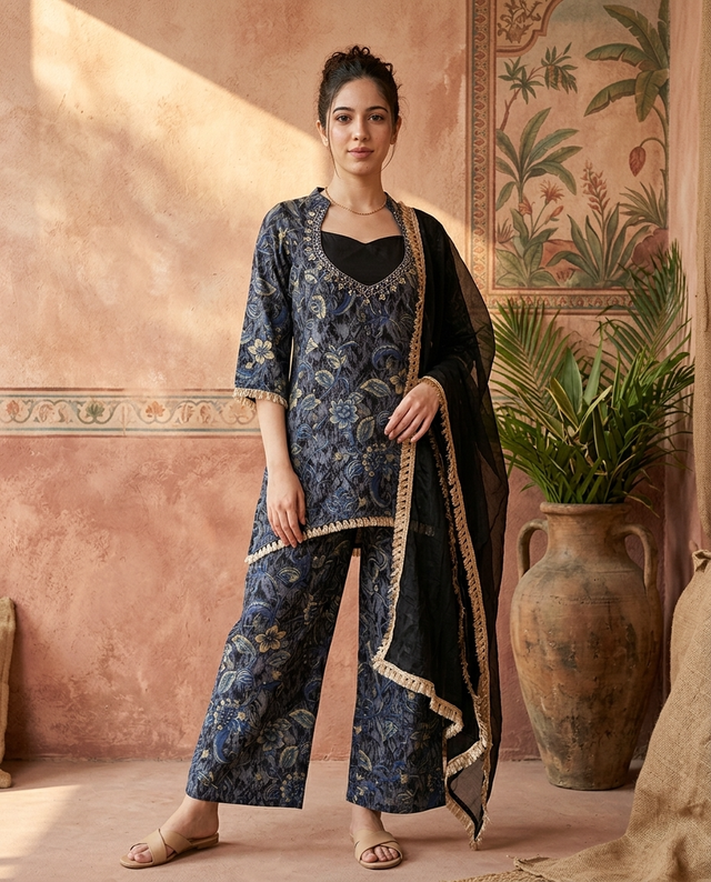 Floral Print & Embroidered  Straight Kurta With Top & Trousers & Dupatta