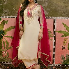 Floral Embroidered & Mirror Work Straight Kurta With & Trousers & Dupatta