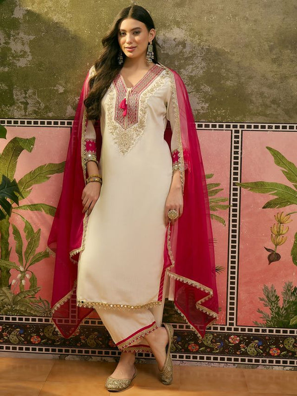 Floral Embroidered & Mirror Work Straight Kurta With & Trousers & Dupatta