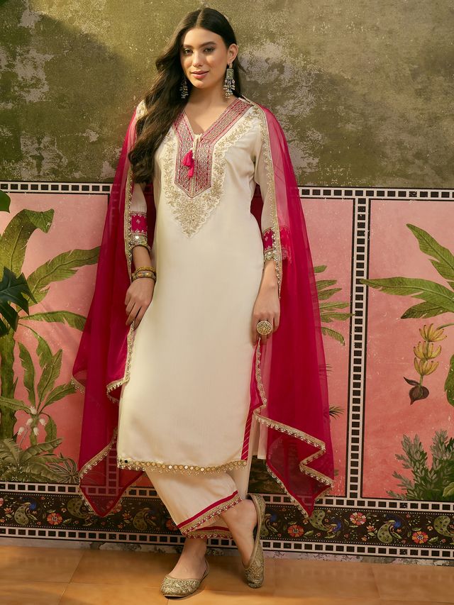 Floral Embroidered & Mirror Work Straight Kurta With & Trousers & Dupatta