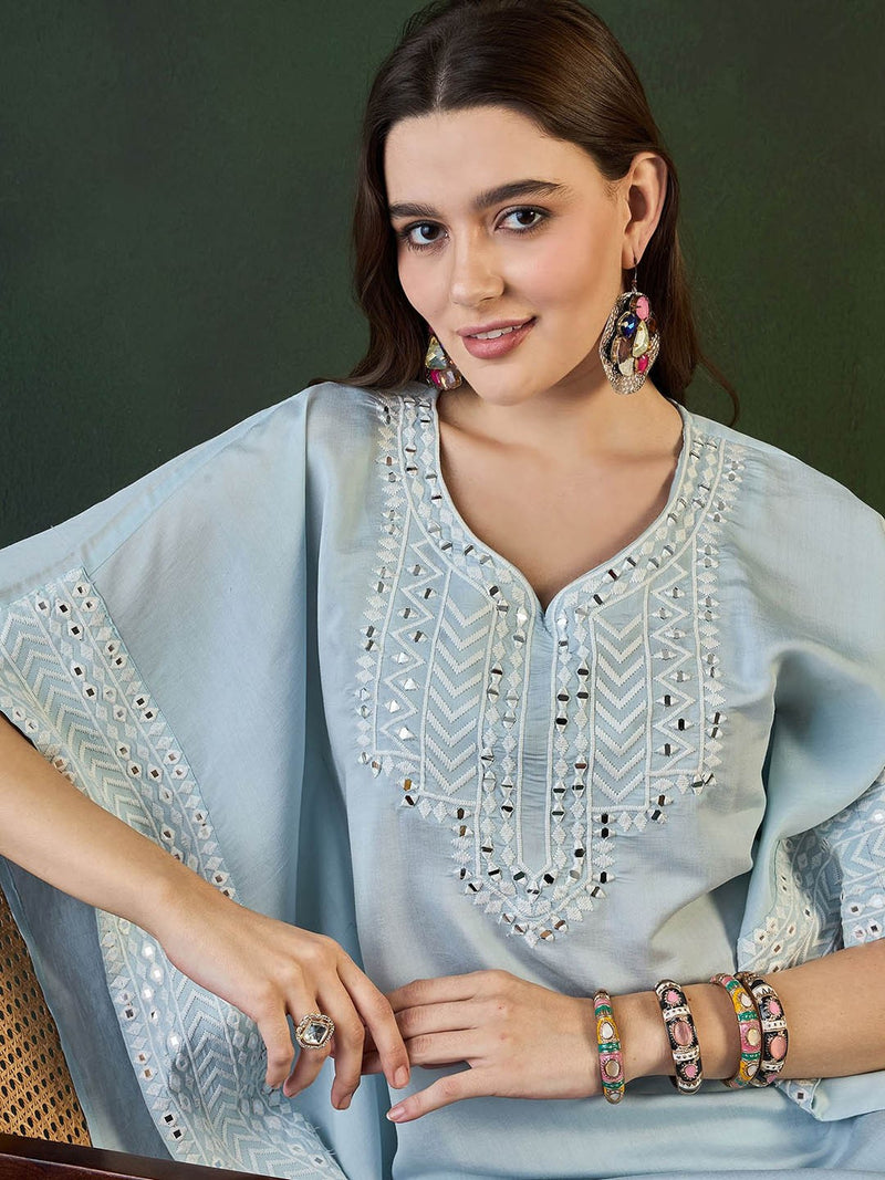 Turquoise Blue Geometric Embroidered Mirror Work Roman Silk Kurta With Trouser