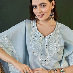 Turquoise Blue Geometric Embroidered Mirror Work Roman Silk Kurta With Trouser