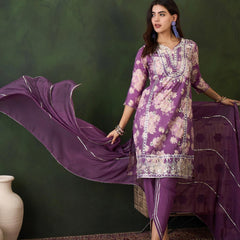 Floral Embroidered Round Neck Kurta With Dhoti Pants And Dupatta