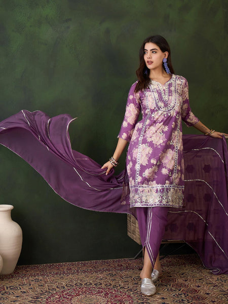 Floral Embroidered Notch Neck Straight Kurta With Trouser And Dupatta