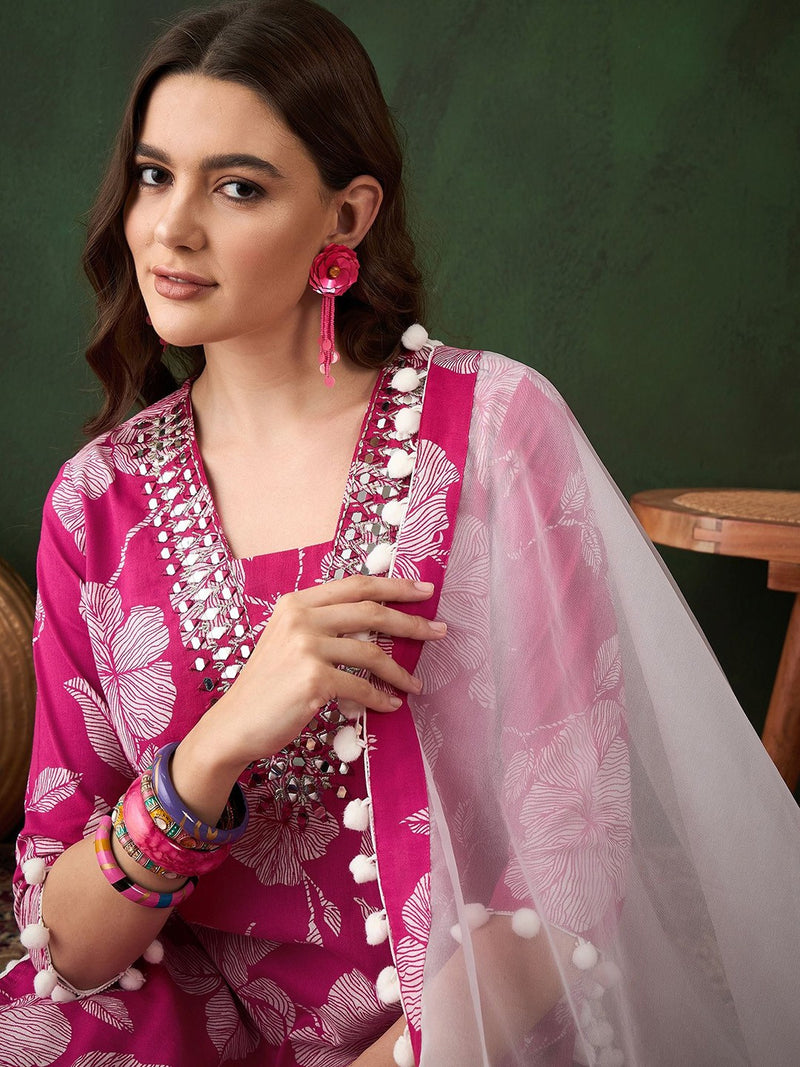 Pink Floral Printed Mirror Work Straight Kurti With Dhoti Pants & Dupatta