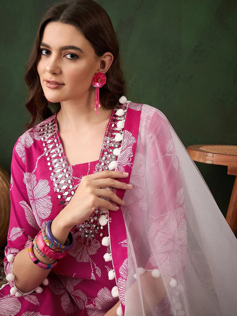 Floral Printed Mirror Work Pure Cotton Kurta With Dhoti Pant & Dupatta