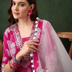 Floral Printed Mirror Work Pure Cotton Kurta With Dhoti Pant & Dupatta