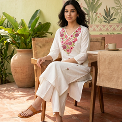 Floral Embroidered Thread Work Straight Kurta With Trousers