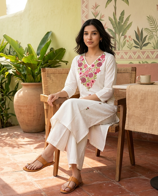 Floral Embroidered Thread Work Straight Kurta With Trousers