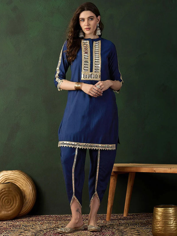 Festive styling of mirror work tunic dhoti pant set