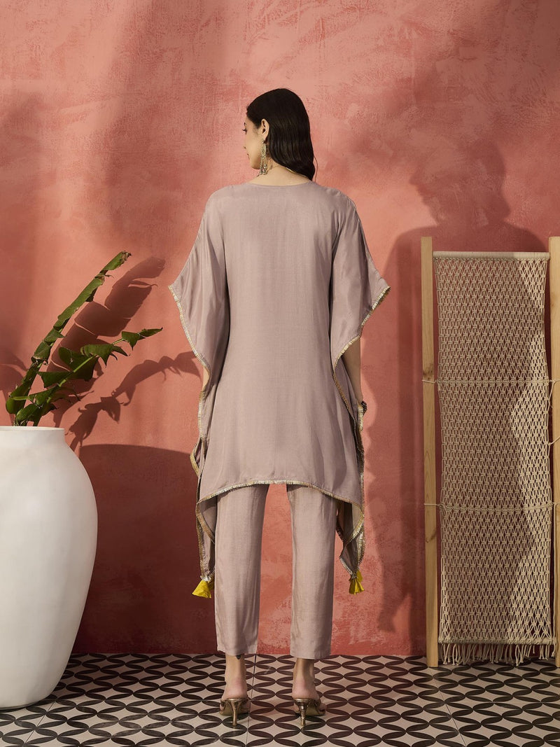 Beige Yoke Design Beads And Stones Round Neck Kaftan Kurta With Trousers