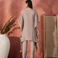 Beige Yoke Design Beads And Stones Round Neck Kaftan Kurta With Trousers