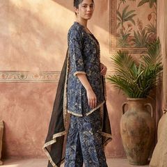 Floral Print & Embroidered  Straight Kurta With Top & Trousers & Dupatta