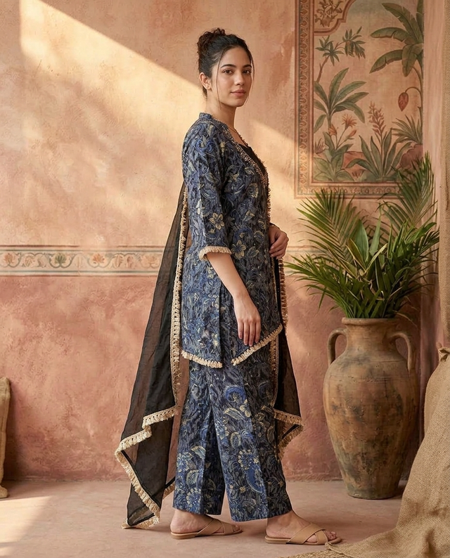 Floral Print & Embroidered  Straight Kurta With Top & Trousers & Dupatta
