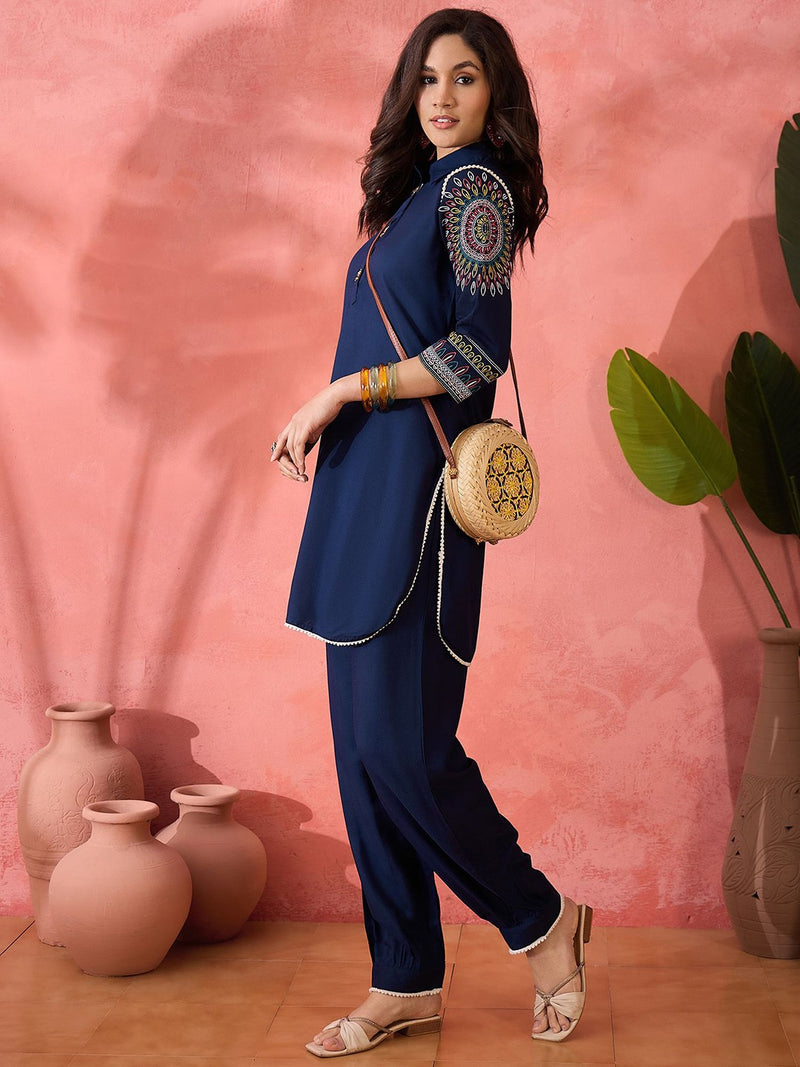 Navy Blue Ethnic Motifs Embroidered Shirt Collar Pathani Kurta With Trouser