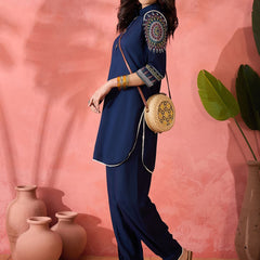 Navy Blue Ethnic Motifs Embroidered Shirt Collar Pathani Kurta With Trouser