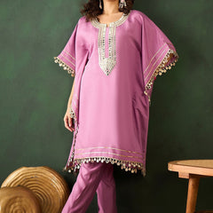Yoke Design V-Neck Mirror Work Kaftan Kurta With Trousers