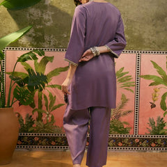 Purple Embroidered & Mirror Work Straight Tunic  With Trousers Co-Ords Set