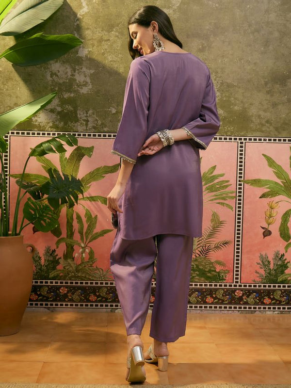 Purple Embroidered & Mirror Work Straight Tunic  With Trousers Co-Ords Set