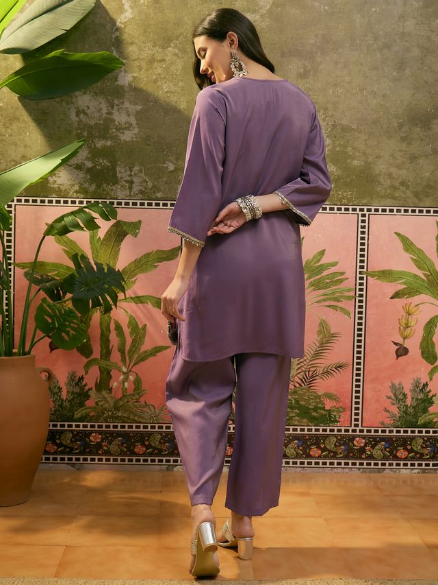 Purple Embroidered & Mirror Work Straight Tunic  With Trousers Co-Ords Set