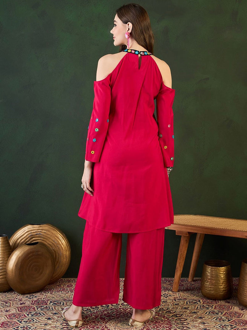 Embroidered Kurta, Palazzo With Bag Kurta Set