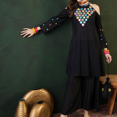 Embroidered Halter Neck Kurta & Palazzo With Bag