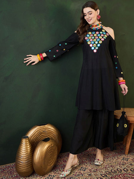 Embroidered Halter Neck Kurta & Palazzo With Bag