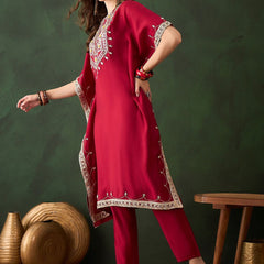 Geometric Embroidered & Mirror Work Kaftan Kurta With Trouser